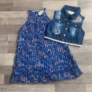 Rare Editions Girls Pleated Blue Floral Dress with Denim Vest 5